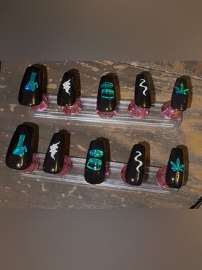 Handmade Black Press-On Nails with Green Holographic Designs